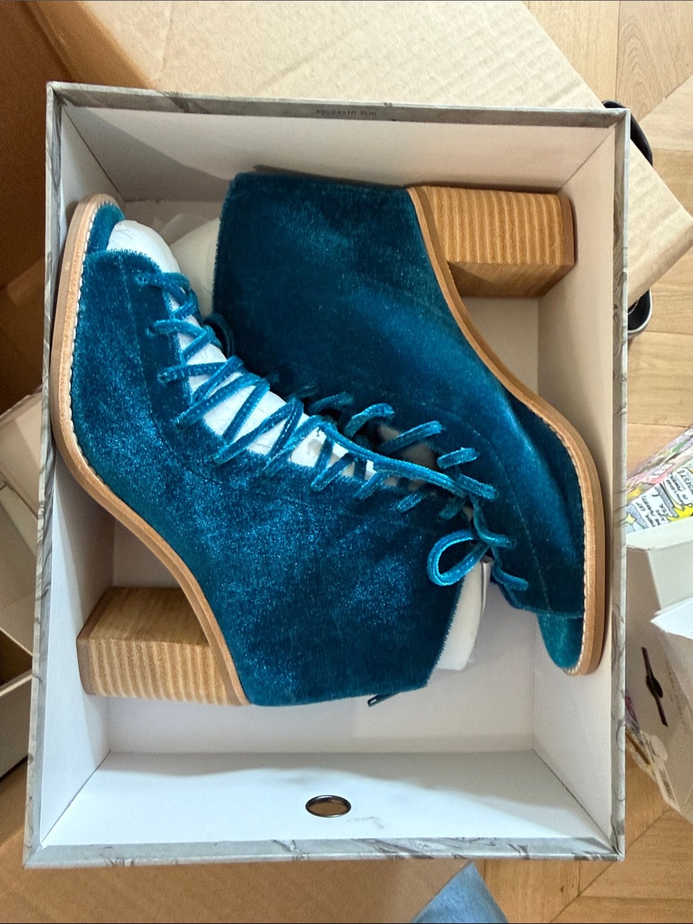 Jeffrey Campbell Teal Velvet Lace-Up Block Heel Booties